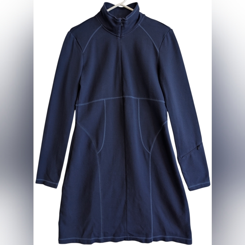 Athleta Mock Neck Zipper Dress Navy Blue Size Medium Athleisure Long Sleeve